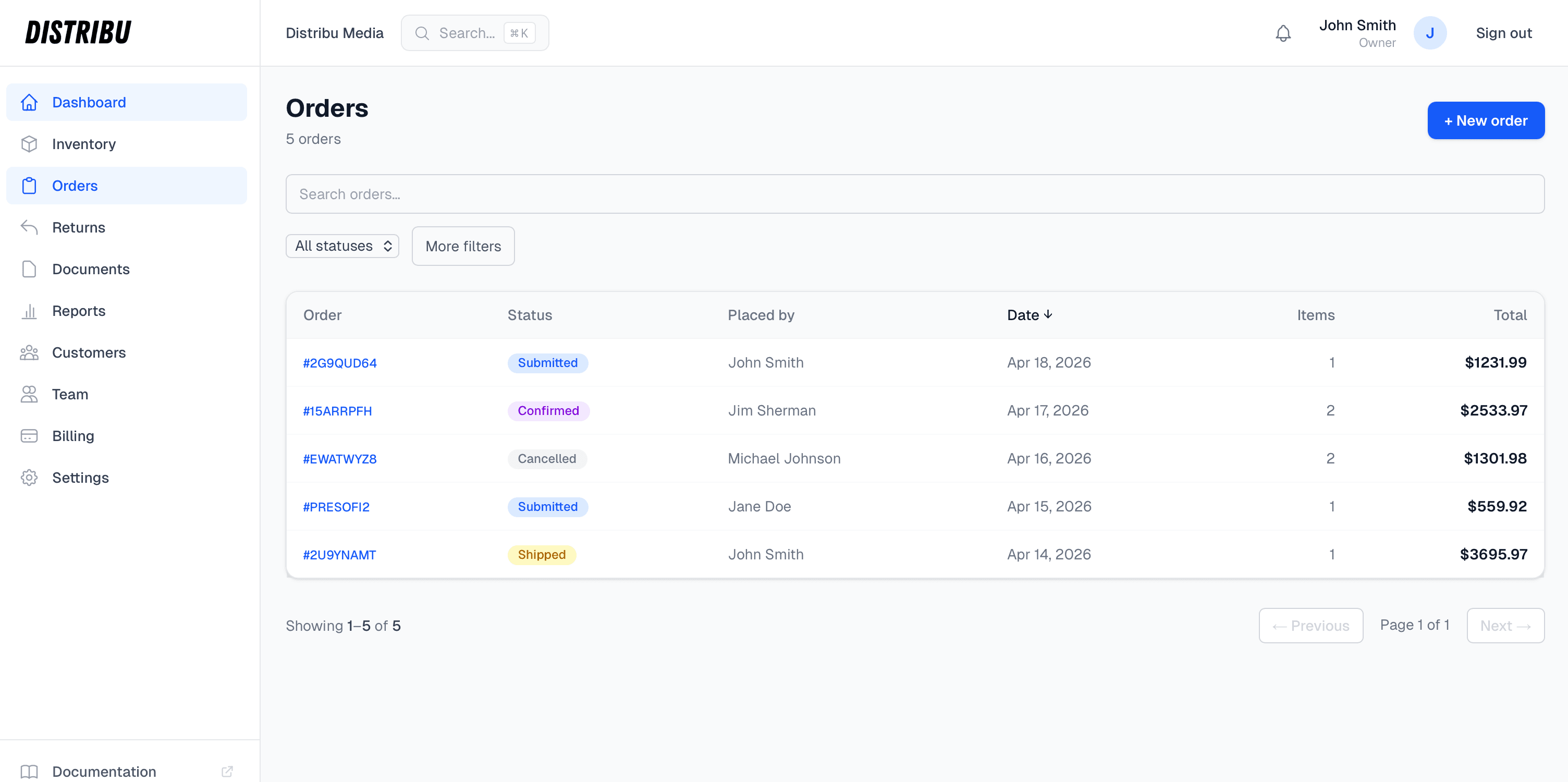 Distribu orders dashboard listing orders with status badges, filters, and bulk actions