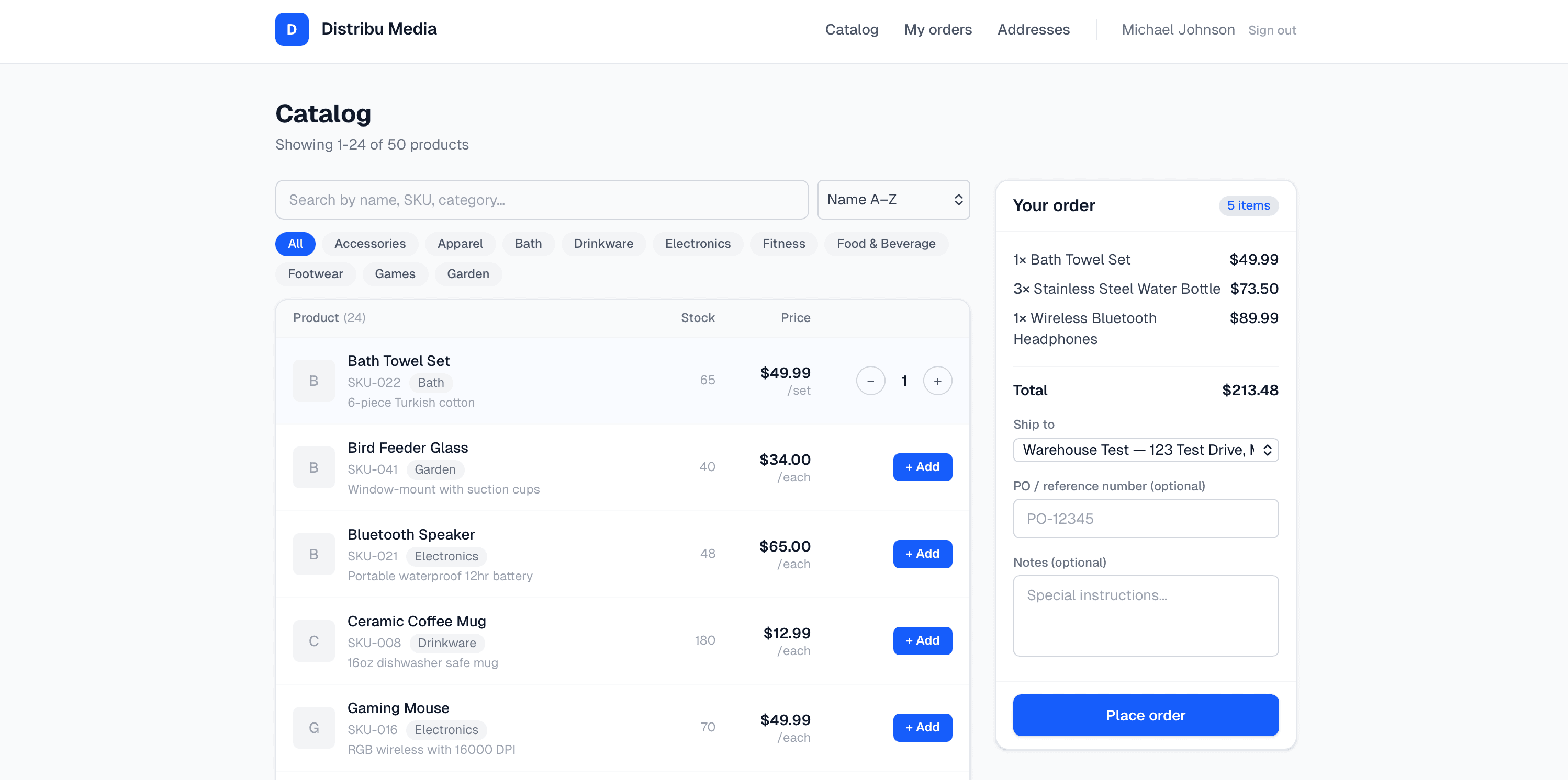 Distribu customer storefront catalog showing product cards with per-buyer prices and live stock availability